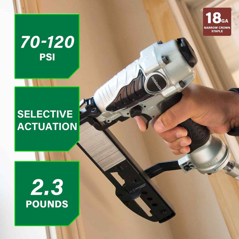 Metabo HPT Narrow Crown Stapler, Pro-Preferred Pneumatic Power Nailers, Finish Stapler for Furniture & Cabinetry, Lightweight Trim Tool, Ergonomic Design, 18 Gauge, 1/2â€³ to 1-1/2â€³ Staples, N3804AB3 - Image 3